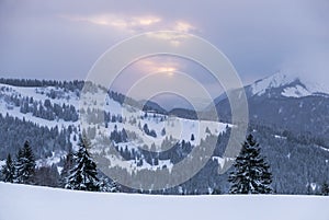 Cloudy winter view in the french alps photo