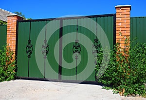 Clouse up Green Metal Profil Gate with Decorative Gate and Door in Old Stiletto Style photo