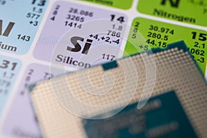 Clouse up Si (Silicon) in the periodic table with CPU computer. photo