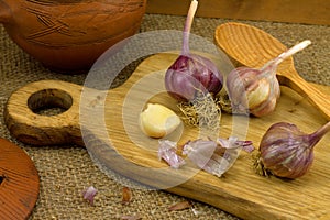 A clove of garlic and a head of garlic on a wooden Board