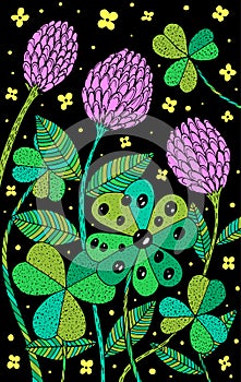 Clover - floral illustration. colorful plant drawing. Graphic psychedelic multicolored line art. Vector artwork