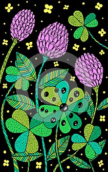 Clover - floral illustration. colorful plant drawing. Graphic psychedelic multicolored line art. Vector artwork photo