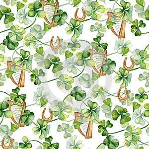 Clover and harp watercolor seamless pattern isolated on white background. Painted shamrock and horseshoe. Hand drawn
