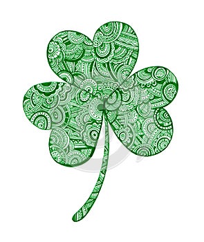 Clover leaf in doodle style in green color. Isolated on white background.