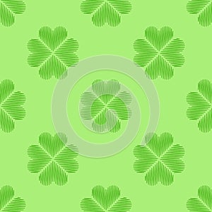 Clover leaf embroidery floral background. Green irish vector seamless pattern for saint patricks day decoration
