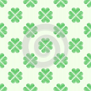 Clover leaf embroidery floral background. Green on white irish vector seamless pattern for saint patricks day decoration