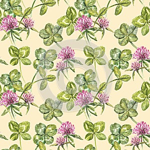 Clover leaf and flowers hand drawn seamless pattern watercolor illustration. Happy Saint Patricks Day.