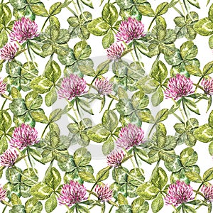 Clover leaf and flowers hand drawn seamless pattern watercolor illustration. Happy Saint Patricks Day.
