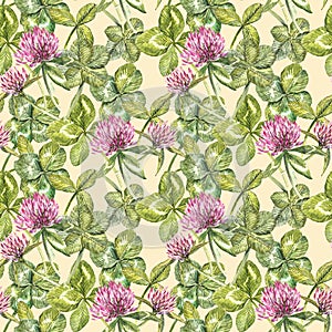 Clover leaf and flowers hand drawn seamless pattern watercolor illustration. Happy Saint Patricks Day.