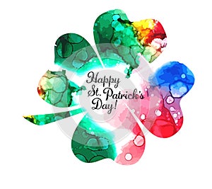 Clover leaf watercolor. Happy St. Patrick's Day. Mixed media. Vector illustration for greeting card, poster, banner
