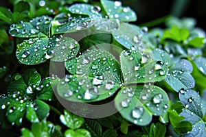 Clover leaves with dew close-up, St. Patrick's Day symbol, banner