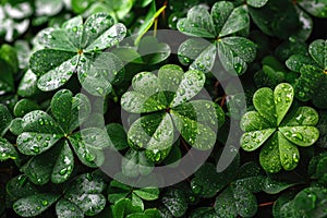 Clover leaves with dew close-up, St. Patrick's Day symbol, banner