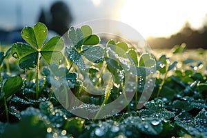 Clover leaves with dew drops in the morning rays of the sun. Banner for St. Patrick's Day