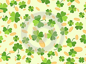 Clover leaves with gold coins seamless pattern. St. Patrick`s Day, Irish holiday. Festive background for advertising products,