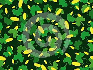 Clover leaves with gold coins seamless pattern. St. Patrick`s Day, Irish holiday. Festive background for advertising products,