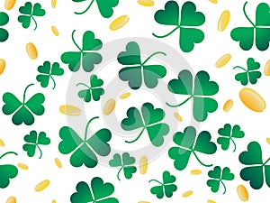 Clover leaves and golden coins seamless pattern. St. Patrick`s Day, Irish holiday