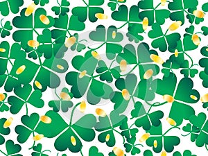 Clover leaves and golden coins seamless pattern. St. Patrick`s Day, Irish holiday. Background for greeting card, wrapping paper,