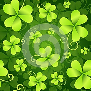 Clover Leaves Seamless Pattern, St. Patrick`s Day Green Background. Shamrock Wallpaper