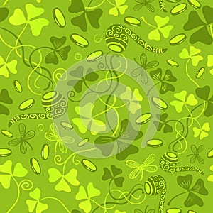 Clover leaves seamless vector pattern. St. Patrick`s Day green background. Shamrock wallpaper