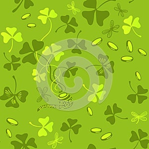 Clover leaves seamless vector pattern. St. Patrick`s Day green background. Shamrock wallpaper