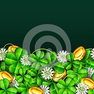 Clover leaves with white flowers and gold coins for St. Patrick`s Day