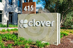 Clover logo at Clover Network headquarters campus. Clover is a cloud-based Android point of sale platform owned by First Data