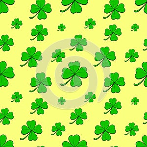 Clover seamless pattern. Green four leaf shamrock repeating tile. Vector illustration for fabric or wrapping paper