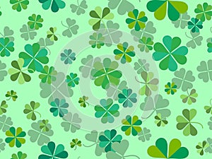 Clover seamless pattern for Saint Patrick`s Day. Four-leafed and three-leafed clover. Background for printing on paper,