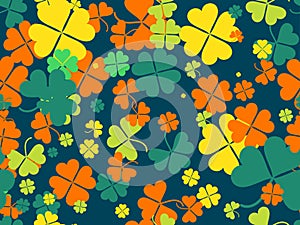 Clover seamless pattern for Saint Patrick`s Day. Four-leafed and three-leafed clover. Background for printing on paper,