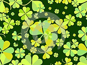 Clover seamless pattern for Saint Patrick`s Day. Four-leafed and three-leafed clover. Background for printing on paper, advertisin