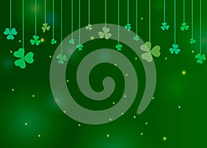 Clover shamrock leaves hung on strings on dark green background. Abstract St. Patrick`s day border