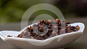 Cloves spice. Some dried cloves in a white bowl.