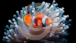 Clown anemonefish (Amphiprion percula) in the sea anemone, isolated on black background. Generative AI