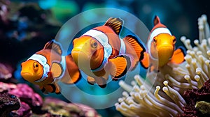 Clown Anemonefish, Amphiprion percula, swimming among the tentacles of its anemone home.