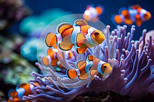 Clown Anemonefish, Amphiprion percula, swimming among the tentacles of its anemone home.