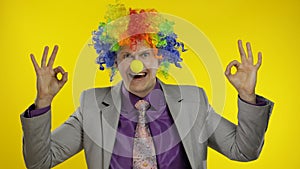 Clown businessman manager entrepreneur boss in wig show ok sign. Halloween