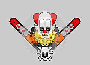 Clown and Chainsaws sign. Tool woodcutter vector illustration