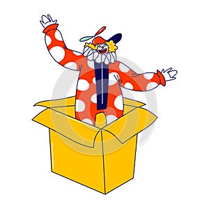 Clown Character Pop Up from Huge Carton Box. Big Top Circus Show Artist, Jester Performer, Entertainer in Funny Costume