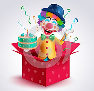 Clown character vector design. Birthday buffoon character wearing colorful party costume holding yummy cake