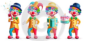Clown character vector set design. Birthday buffoon and joker characters