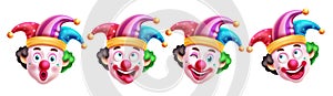 Clown character vector set design. Birthday clown and buffoon in funny, naughty and smiling face