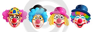 Clown characters set vector design. Birthday buffoon and joker character with funny and happy facial expression