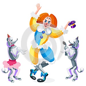 Clown and circus dogs on white background