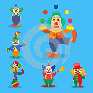 Clown circus man characters performer carnival actor makeup clownery juggling clownish human cartoon illustrations