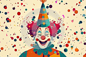 clown and confetti with birthday party hat, in the style of whimsical naive art 1 April Fool`s day concept