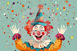 clown and confetti with birthday party hat, in the style of whimsical naive art 1 April Fool`s day concept