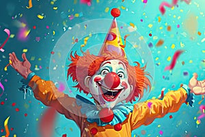 clown and confetti with birthday party hat, in the style of whimsical naive art 1 April Fool`s day concept