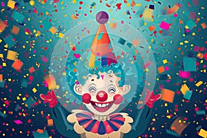 clown and confetti with birthday party hat, in the style of whimsical naive art 1 April Fool`s day concept