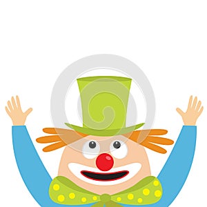 Clown face head looking up. Big eyes, red nose, mouth smile, orange hair, hands. Magician hat. Cute cartoon funny baby character.