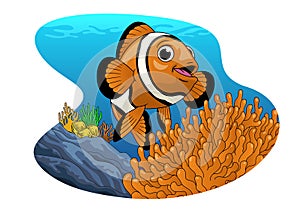 Clown Fish cartoon in the beautiful coral ecosystem